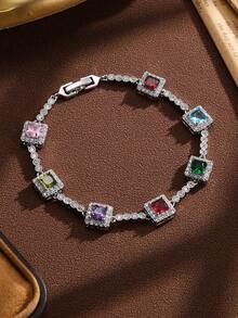 1pc Men's Hip-Hop Colorful Square Zirconia Bracelet, Personalized Shiny Tennis Bracelet, Suitable For Men's Autumn Date, Holiday, Daily Commute Jewelry - Colorful Bracelet - View 2