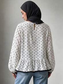 Women's Standard Size Polka Dot Print Ruffle Hem Lace Trim Patchwork Casual Commute Blouse, Vintage Fall Fashion - Multicolor - View 5