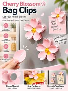 10pcs Pink Cherry Blossom Clip, Creative Decorative Fridge Magnet, Dual-Purpose Sealing Clip & Magnetic Sticker, Fun Refrigerator Ornament, Practical Kitchen Gadget, Lovely Home Decor Accessory Suitable For Kitchen Office Indoor Daily Decoration - Multicolor - View 1