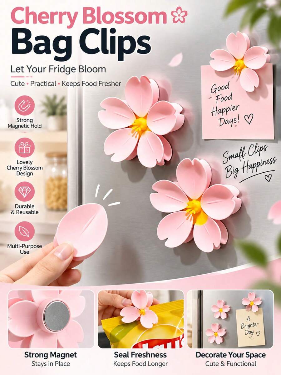 10pcs Pink Cherry Blossom Clip, Creative Decorative Fridge Magnet, Dual-Purpose Sealing Clip & Magnetic Sticker, Fun Refrigerator Ornament, Practical Kitchen Gadget, Lovely Home Decor Accessory Suitable For Kitchen Office Indoor Daily Decoration - Multicolor - View 1