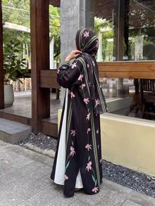 Hafizah Modest Printed Cardigan & Headscarf 2 Pieces Abaya Set For Women Black Wedding Party Fall - Black - View 3