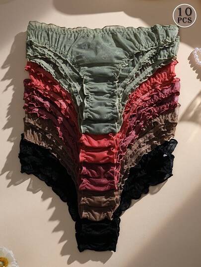 10pcs Sweet Lace Ruffle Women's Bikini Panties, Sexy Low Waist Soft Triangle Knickers, Comfortable Sports Underwear For Daily Wear, Yoga