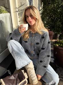 Cardigan Rajut Polkadot Leher Bulat Wanita, Sweater Kancing Nyaman, Cocok untuk Pakaian Musim Gugur/Musim Dingin, Thanksgiving, Halloween, Natal - Grey - View 5