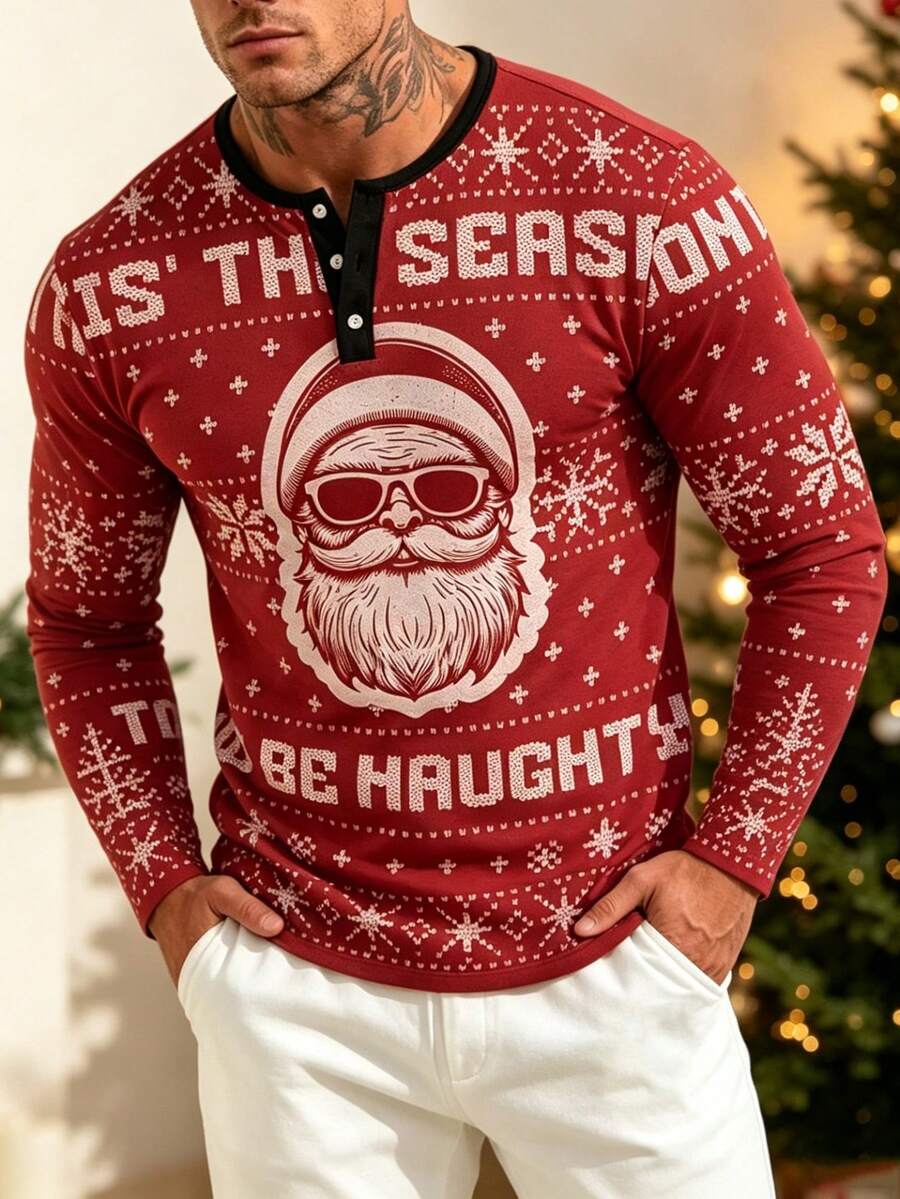 Men's Christmas Santa Claus Print Henley Collar Long Sleeve T-Shirt Top - Multicolor - View 1