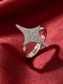 1pc Gold & Silver Tone Adjustable Open Four-Pointed Star Ring, Fully Pave Cubic Zirconia Women's Party Fashion Jewelry - Four-pointed Star - View 5