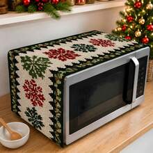 2DFLAT 1PC Polyester Pixel Snowflake Embroidered Microwave Dust Cover, Beige Base With Winter Holly Berry Red & Green Retro Christmas Kitchen Oil-Proof Cover Cloth - Multicolor - View 2