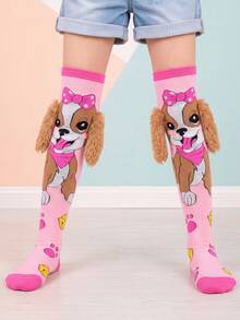 Girls' Fun Knee-High Socks With 3D Fuzzy Dog Ear Pattern And Cute Puppy Bow Design, Perfect For Birthday Parties Or Role Play Activities - Multicolor - View 2