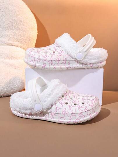 1 Pair Girls' Pink Bow Print Thermal Lined Warm Fashion Casual Clogs, Autumn/Winter