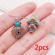 2pcs Three Hole Guru Beads Alloy Inlaid Turquoise Red Stone Buddha Head Charms For DIY Bracelet Handmade Mala Jewelry Making - Multicolor - View 14