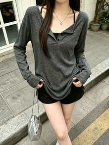 Plus Size Casual Long Sleeve Cover-Up Loose Fit Daily Commute Slouchy Minimalist Versatile Women's Top - Dark Grey - View 3
