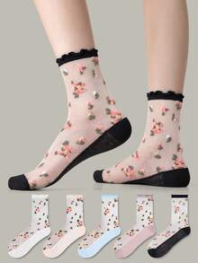 ZUJO 5 Pairs Women's Mesh Transparent Mid-Calf Socks, Floral Small Pattern, Simple Style, Suitable For Spring, Summer, Autumn Daily Wear, Random Color - Multicolor - View 2