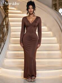 NEW IDEA Women Sexy Elegant Brown Fall Winter Maxi Dress, V Neck Open Back Slit Bodycon For Cocktail Party Gown - Brown - View 4