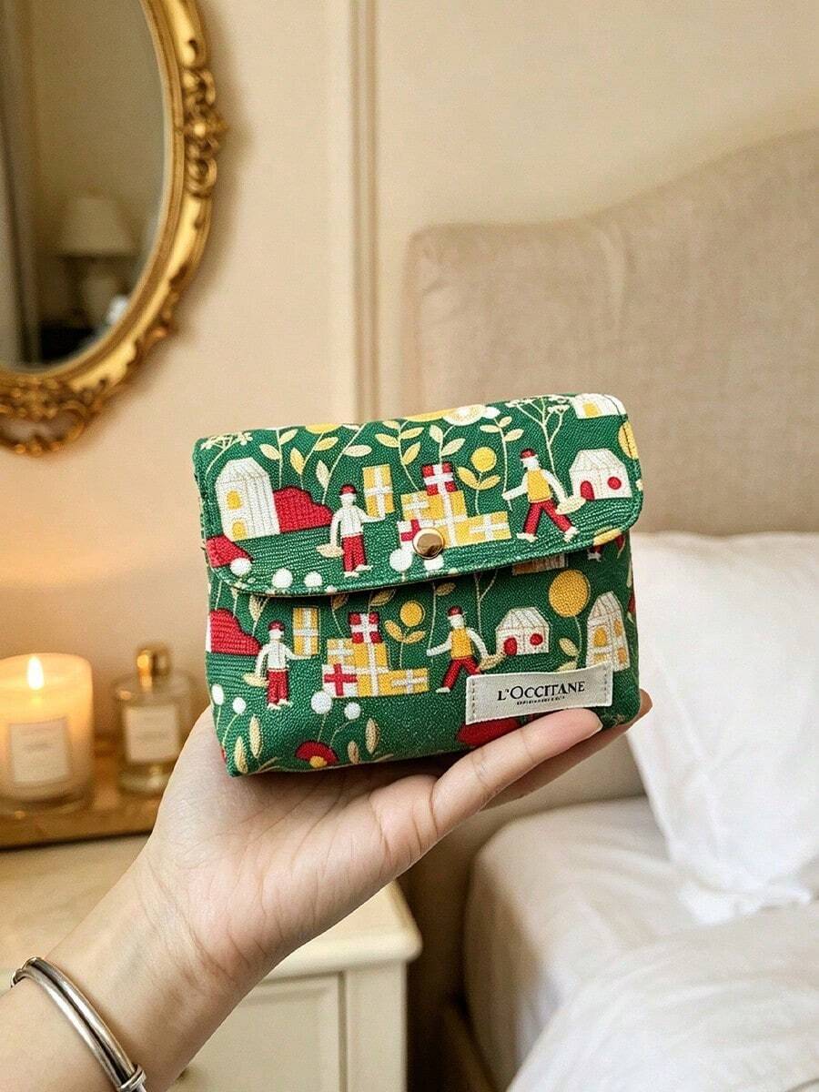 Green Cartoon Village Print Snap Button Small Cosmetic Pouch Mini Portable Lipstick Jewelry Storage Bag Cute Travel Toiletry Organizer Gift L'Occitane Small Makeup Bag - Green - View 1