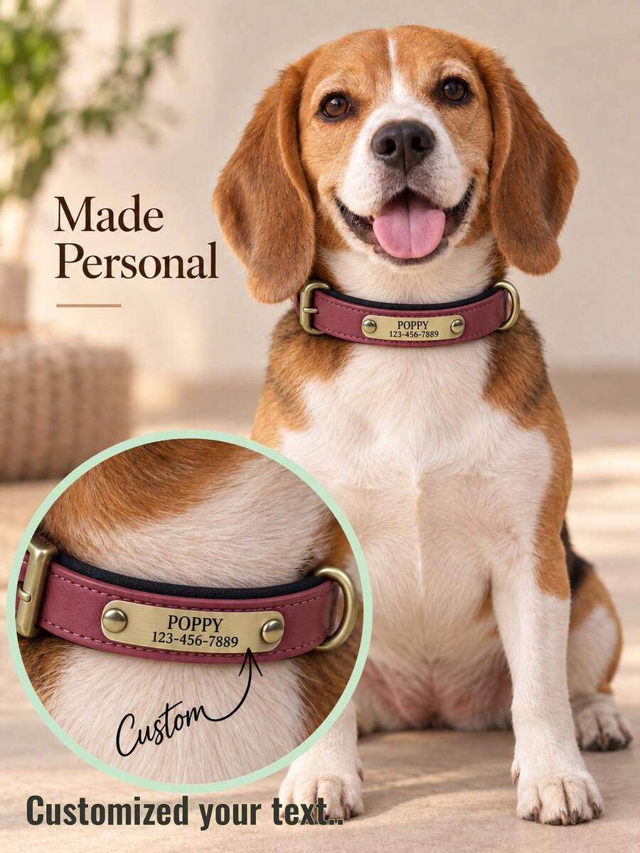 Personalized PU Leather Dog Collar, Ideal Gift For Pets, Family, Friends And Pet Lovers, Pet Collar, Christmas Gift, Dog Mom Gift - Red - View 1