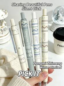 1/4pcs Winter Limited Fair Isle Sweater Pattern Quiet Click Neutral Pens, 4pcs Gift Box Set Ballpoint Pens, Quick-Drying Black Ink Pens, Vintage Mori Style High-Value Student Exam Prep Planner Stationery, Office And Study Supplies - Christmas Collection - View 6