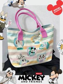 Miniso Disney Mickey & Friends 帆布托特包，馬卡龍色條紋印花，附手柄肩背包，適合日常使用 - 粉色 - 查看 2
