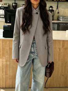 Women's Spring Autumn Winter Blazer, Elegant Commute Vintage Stand Collar Asymmetric Front Closure Minimalist Solid Color Loose Fit Jacket, Suitable For Daily Outings, Business, Workplace, Office Wear - Brown - View 4