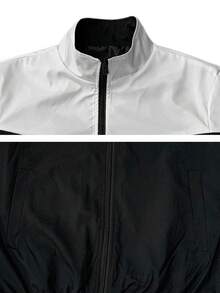 1 Set Men's Spring/Autumn Colorblock Sports Outfit, Stand Collar Zip-Up Jacket & Side Stripe Joggers, 2-Piece Urban Commute Casual Set - Black and White - View 4