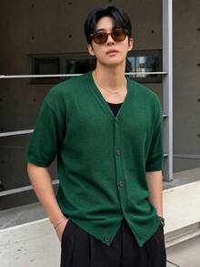 Spring Summer Men's New Casual Loose Minimalist Solid Color Korean Style Basic Versatile Commute Elegant Textured Lazy High Street V-Neck Button Front Short Sleeve Knit Cardigan Jacket - Green - View 1