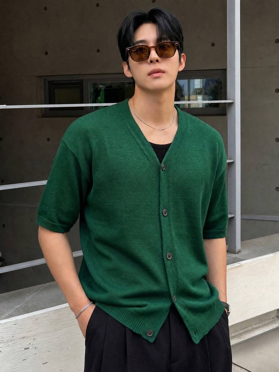 Spring Summer Men's New Casual Loose Minimalist Solid Color Korean Style Basic Versatile Commute Elegant Textured Lazy High Street V-Neck Button Front Short Sleeve Knit Cardigan Jacket - Green - View 1