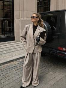 Women Fall Fashion Elegant Casual Beige Pin Stripe Long Sleeve Blazer & Wide Leg Pants 2 Pieces Set For Office Work Going Out - Beige - View 4