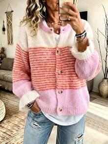 Just Masa Women's Fall Winter Casual Y2K Contrast Stripe Sweater,Ruffle Balloon Sleeve Button Up Sweater Cardigan,For Daily Wear,Going Out,Christmas - Pink - View 9