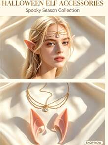 2pcs Halloween Costume Fairy Elf Ear Headpiece Set, Women Girls Cosplay Costume Accessories, With Crystal Pendant Gold Forehead Chain, Pink Elf Ears, Halloween Party Dress Up Props - Multicolor - View 4