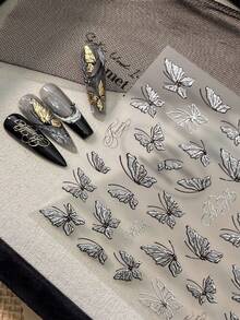 1Sheet 3D Embossed Nail Decals Raised Press‑Craft Silver Butterfly Wing Texture Cursive Text Fall Outfit DIY Accessories Nail Art - Silver - View 1