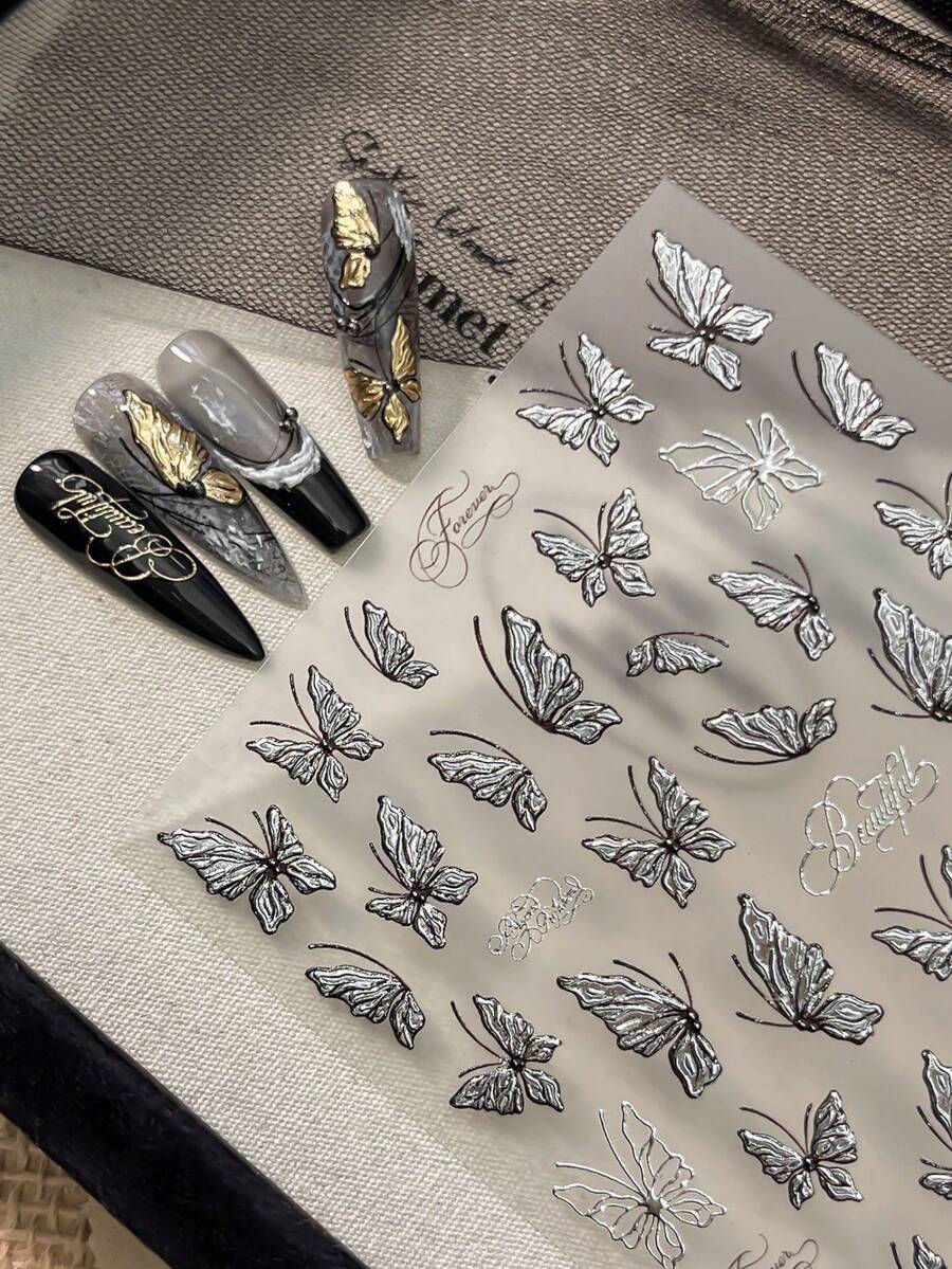 1Sheet 3D Embossed Nail Decals Raised Press‑Craft Silver Butterfly Wing Texture Cursive Text Fall Outfit DIY Accessories Nail Art - Silver - View 1