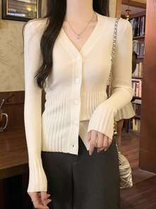 V-Neck Design, Thin Button, Long Sleeve, Striped Underarm Sweater, Women's Cardigan, Autumn/Winter, Back To School Season - Apricot - View 1