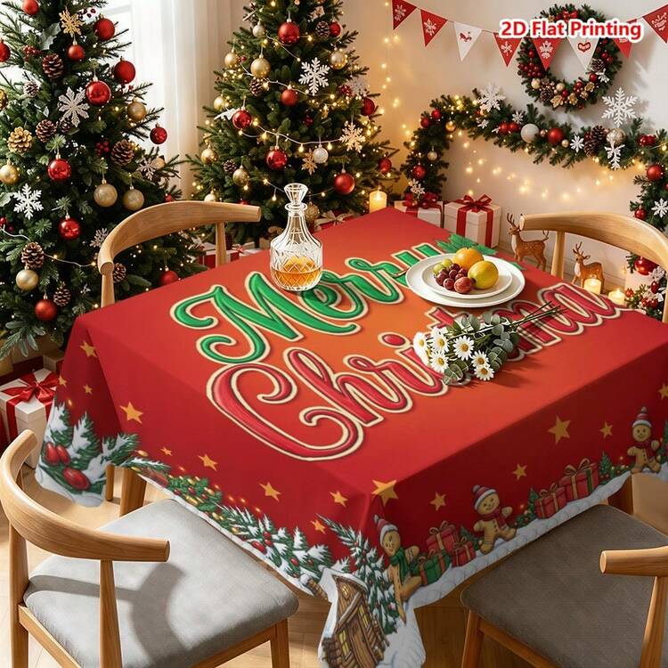 1pc Red Background Christmas Themed Tablecloth, Decorated With Gingerbread Man, Snow House, Pine Tree, Bell, Star And Merry Christmas Artistic Text, Suitable For Kitchen Dining Table Arrangement, Restaurant Decoration, Picnic Camping, Party Scene, Farmhouse Style Accent, Desktop Beautification And Holiday Atmosphere Creation. - Multicolor - View 9