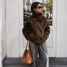 Women's New Solid Color Retro Double-Breasted High Neck Coat, Autumn/Winter Commuter Jacket - Chocolate Brown - View 3
