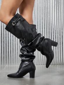 Autumn/Winter Fashion Hot-Selling Women's Pointed Toe Ruched High Heel Suede Knee-High Slip-On Black Elegant Boots - Black - View 3