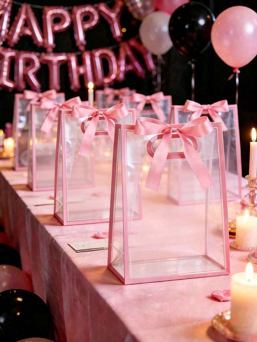 Transparent Gift Bags With Black Trim And Satin Bow; Reusable Transparent PVC Tote Bags For Classroom Rewards, Wedding, Bridal Shower, Birthday Gift Packaging And More. These Gift Bags Can Also Be Used To Wrap Flowers, Perfect For Use In Boutiques (Available In Multiple Colors).