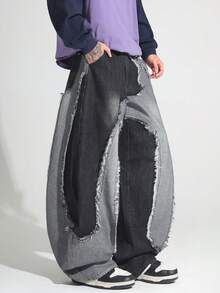 1pc Japanese Street Style Patchwork Raw Edge Men's Curved Leg Wide Leg Loose Comfortable Casual Fashion All-Season Versatile Commute Denim Pants - No Belt & Accessories - Black - View 2