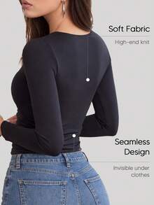 Women's Black Long Sleeve Crew Neck Slim Fit Casual Basic Top, Autumn Outfit - Black - View 3