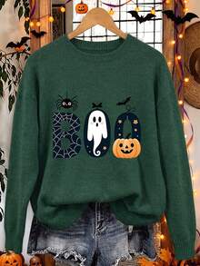 Plus Size Women's Ghost Reading Bookshelf Graphic Casual Pullover Sweater - Dark Forest Green - View 9