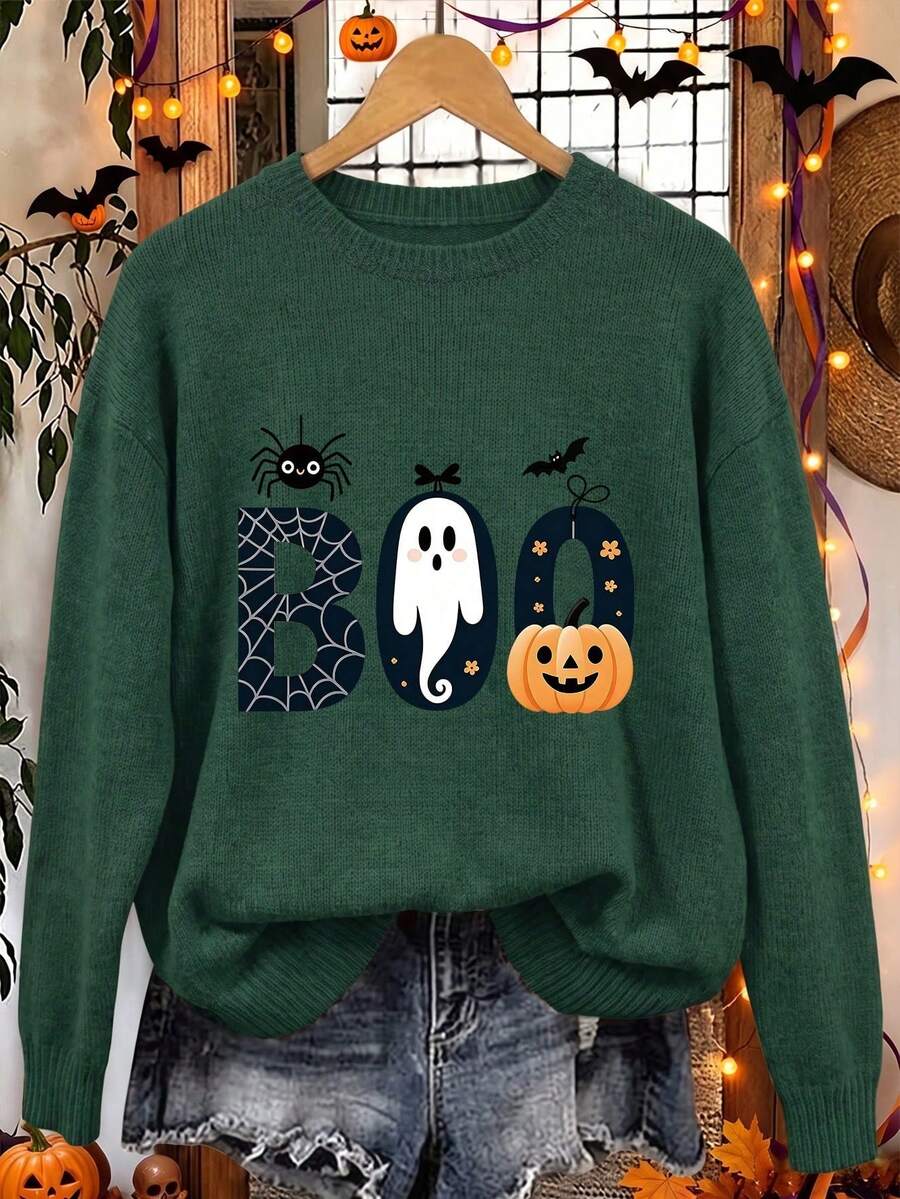 Plus Size Women's Ghost Reading Bookshelf Graphic Casual Pullover Sweater - Dark Forest Green - View 1