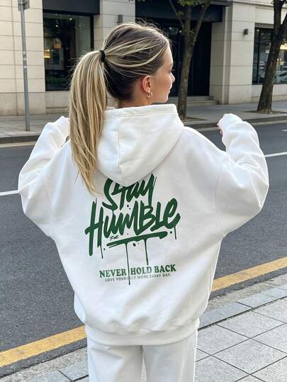 Damska bluza street style z długim nadrukiem liter, z kieszeniami, z dzianiny, casualowy nadruk