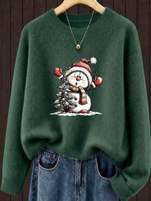 Women's New Arrival: Loose-Fit, Slimming Long-Sleeve Sweater With Christmas Tree &SnowmanPrint– PerfectforLounging,HolidayGifting,AndFestiveGatherings - Dark Forest Green - View 7