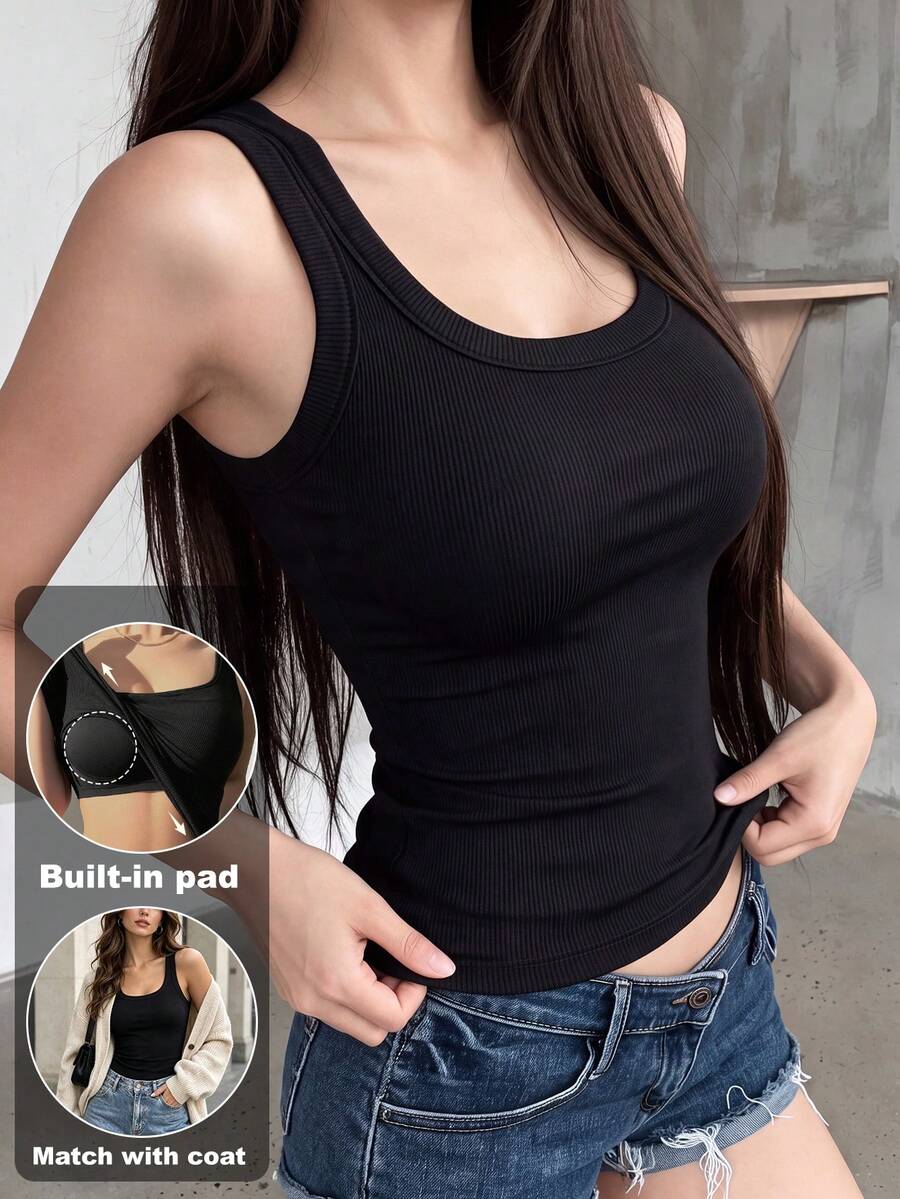 Solid Color U-Neck Ribbed Tank Top With Built-In Pads, Wide Strap Slim Fit Sleeveless Basic Top, Casual Everyday Home Inner Wear Camisole - Black - View 1