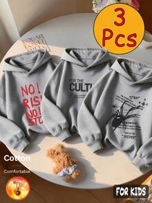 Autumn/Winter 3 Pieces Set Girls Fleece Hooded Sweatshirt, Grey Cotton Long Sleeve NO! RISE NO! STO, For Faith! Print Y2K Style - Heather Gray+Heather Gray+Heather Gray - View 5