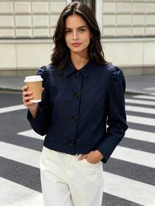 DEEKA Autumn New Women's European And American Style Fashion Minimalist Versatile Pleated Shoulder Short Jacket - Navy - View 2