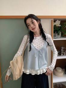 Polka Dot Lace Patchwork Long Sleeve T-Shirt Women Slim Fit Flattering Top Knit Camisole 2 Pieces Set - Blue - View 4