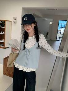 Polka Dot Lace Patchwork Long Sleeve T-Shirt Women Slim Fit Flattering Top Knit Camisole 2 Pieces Set - Blue - View 7