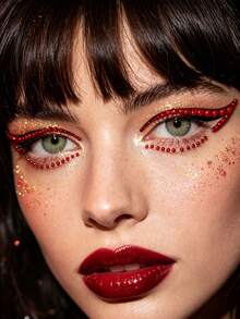 1pc Red Rhinestone Eyeliner Sticker, Self-Adhesive Crystal Eye Tail Decoration Sticker, Upper Eye Tail Rhinestone Strip + Lower Eyelid Fine Rhinestone Combination Eye Makeup Sticker, Waterproof Shiny Eye Rhinestone Decor, Suitable For EDM Party, Halloween Cosplay - Red - View 3