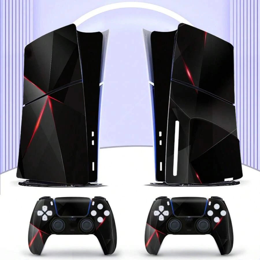 6Pcs Glossy Mirror Cut Light Luxury Black Red Skin Stickers Compatible With PS5 Slim Disc Edition, Full Wrap Game Console & Controller Protective Decals, Dustproof Wear-Resistant Vinyl Cover - View 1