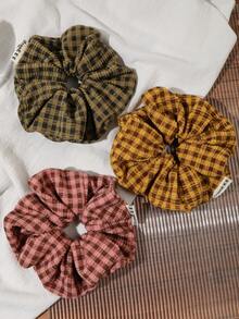 1pc Olive Green Orange Pink Brown Korean Style Plaid Ruched Scrunchie Soft Textured Fabric Hair Tie For Commute Girl Low Ponytail Bun - Multicolor - View 4