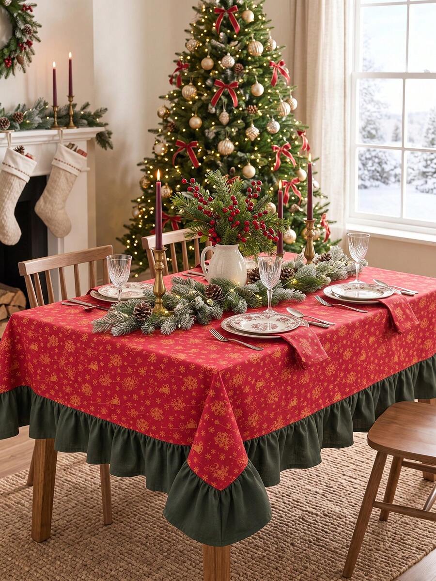 1pc Red Background Gold Christmas Bell Snowflake Print Tablecloth, Traditional Country Style, Rectangular Green Leaf Edge With Pleated Details, Stain-Resistant Protective Tablecloth For Home Long Table, Suitable For Christmas Family Gatherings And Winter Holiday Dining Room Decor - Red - View 1