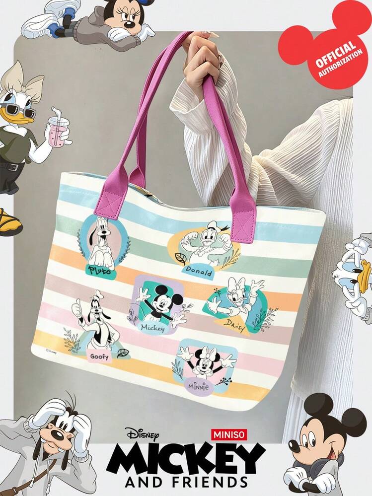 Miniso Disney Mickey & Friends Canvas Tote Bag, Macaron Color Striped Print, With Handle Shoulder Bag, Suitable For Daily Use - Pink - View 3